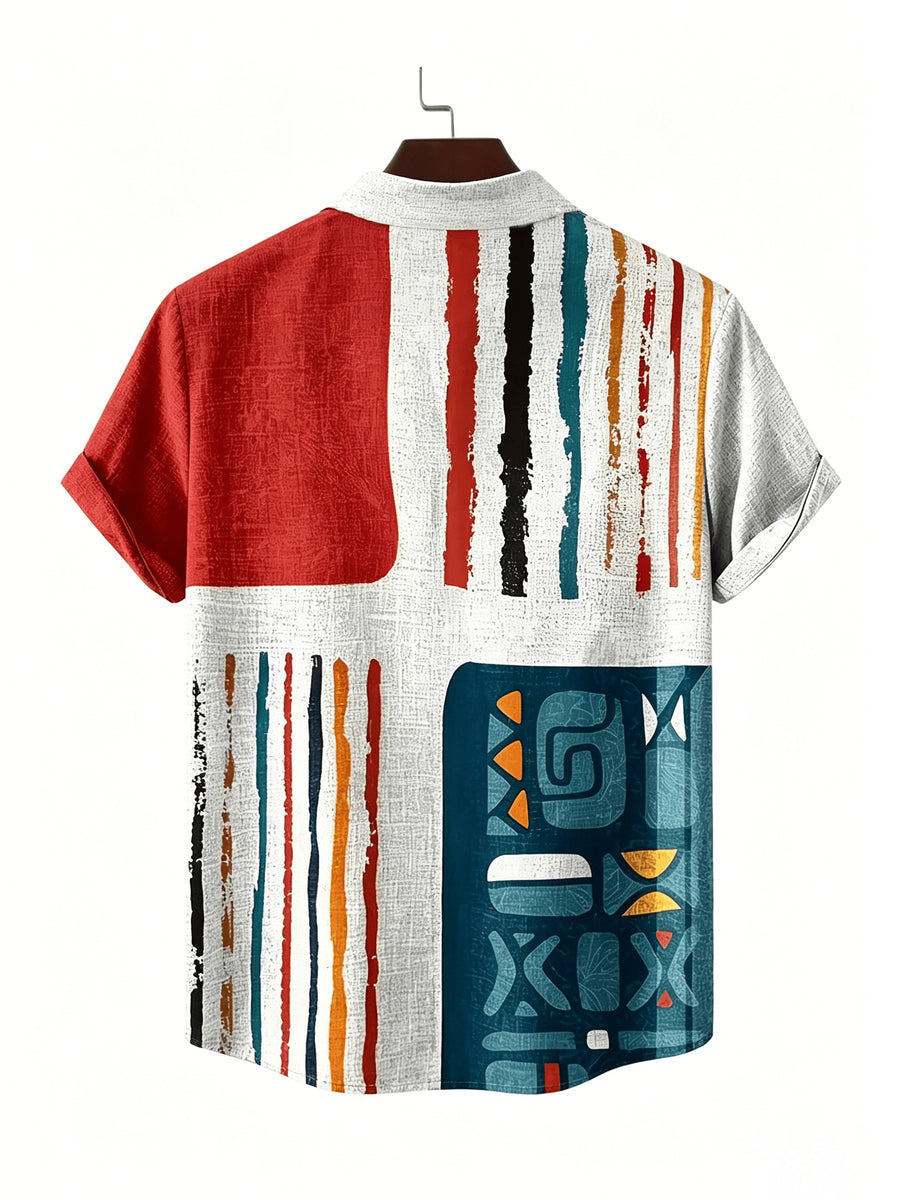 Men's Vintage Shirt - Lapel Collar with Button Front, Suitable for Formal and Casual Occasions, Summer Vacation and Leisure Wear - Easy Care Machine Washable, Versatile Item, Geometric Pattern Design, Textured Fabric, Short Sleeve Top, Men's Standard - Mixed colors