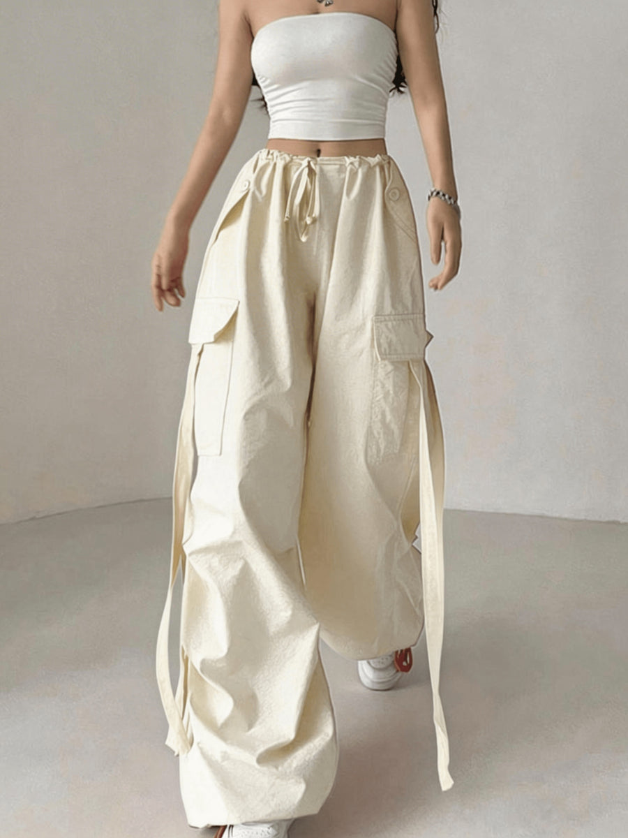 Street Style Loose Fit Drawstring Ankle Scarf Fashion Utility Pants Wide Leg Casual Long Trousers - Off-white