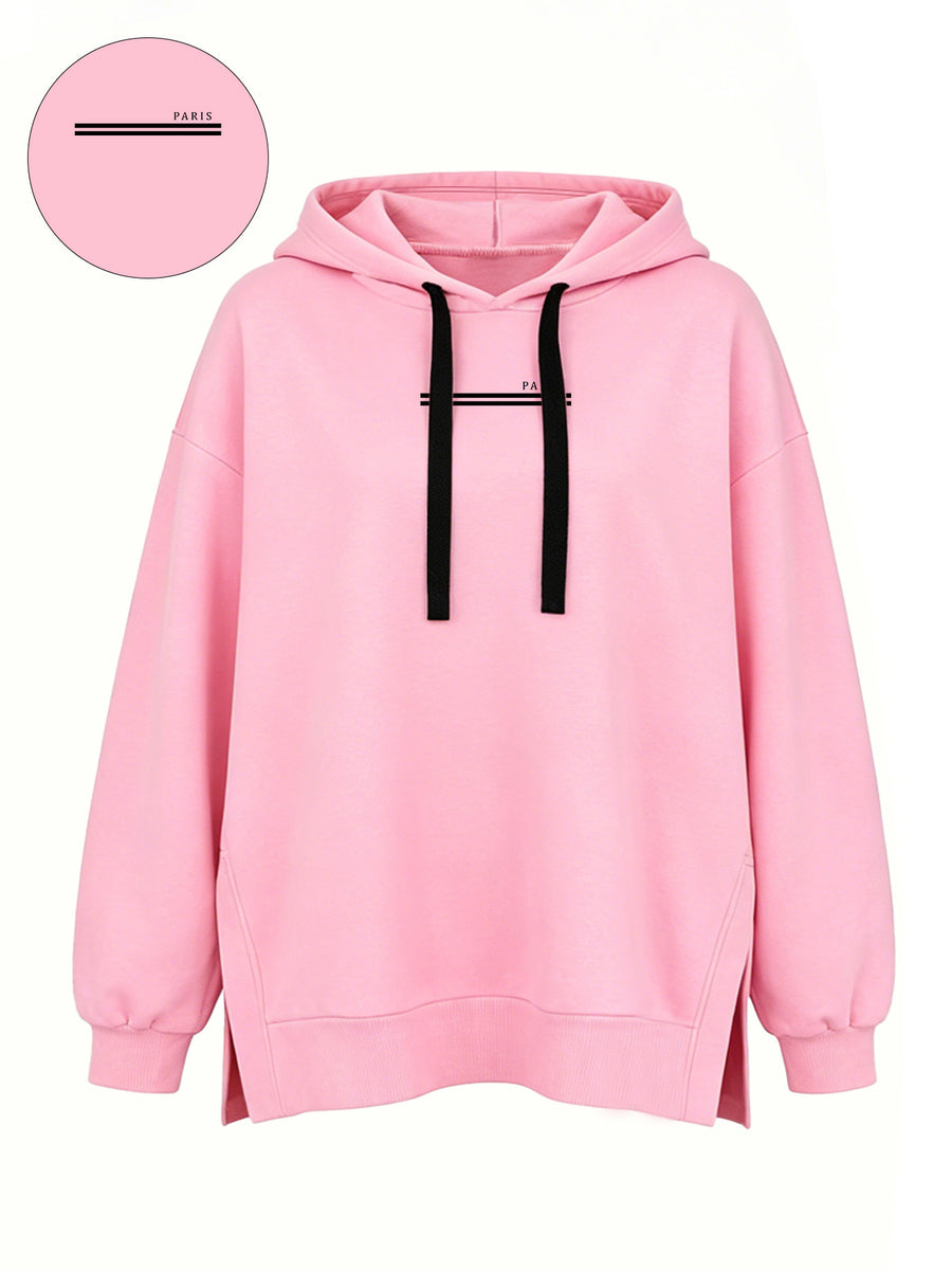 Women'S Fashion Hooded Sweatshirt for Autumn And Winter - Pattern Print Design, Side Slit Detail, Pullover Hoodie - Pink