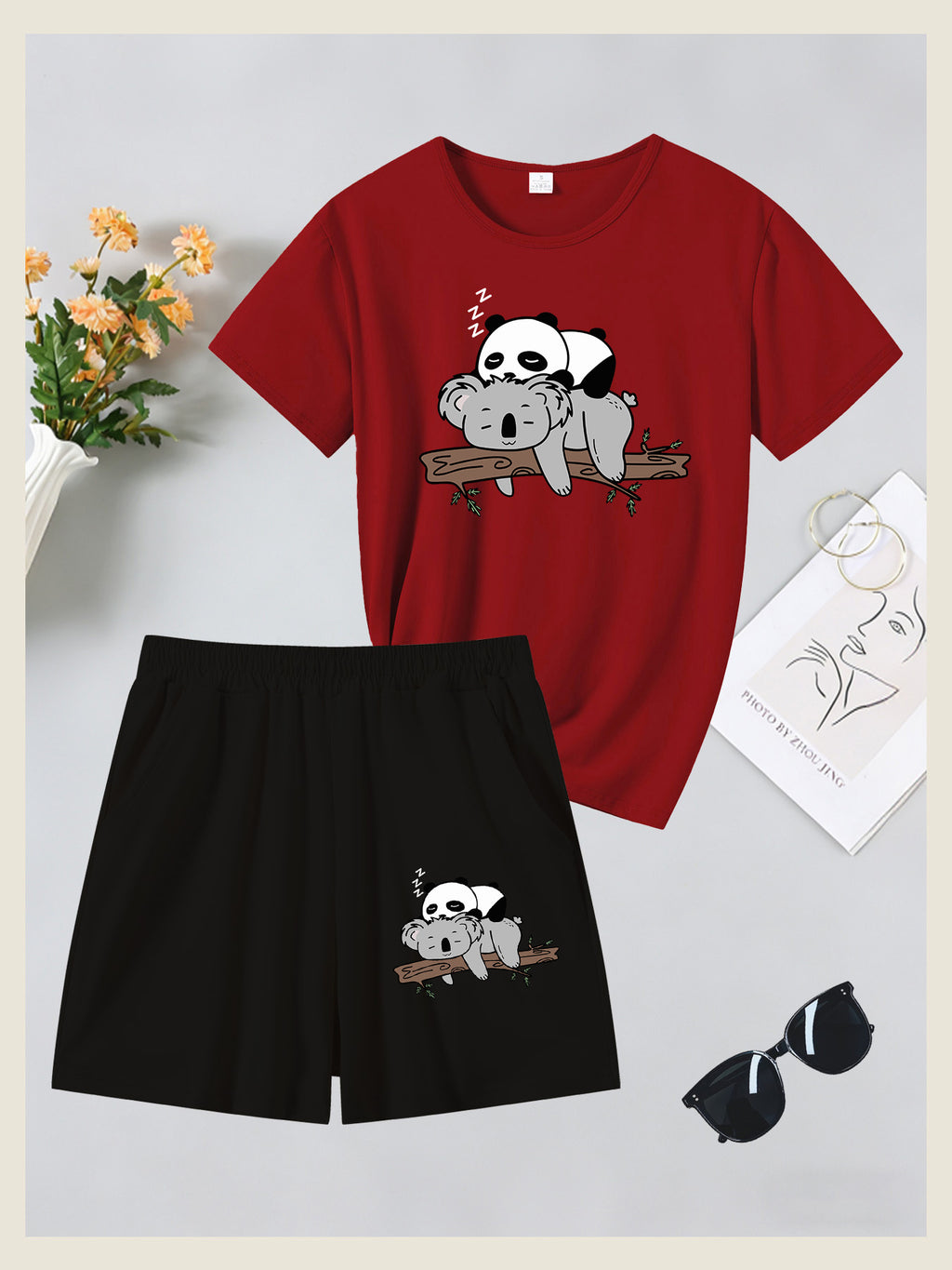 2pcs Women's Summer Short Sleeve Set—Panda Koala Cute Animal Print Short Sleeve Shorts Set, Comfortable, Soft, and Breathable for Sports and Daily Wear, Suitable for Back-to, Campus, Valentine's Day, Women's Pajamas, Jogging, Fitness, and as a Gift - Red+Black