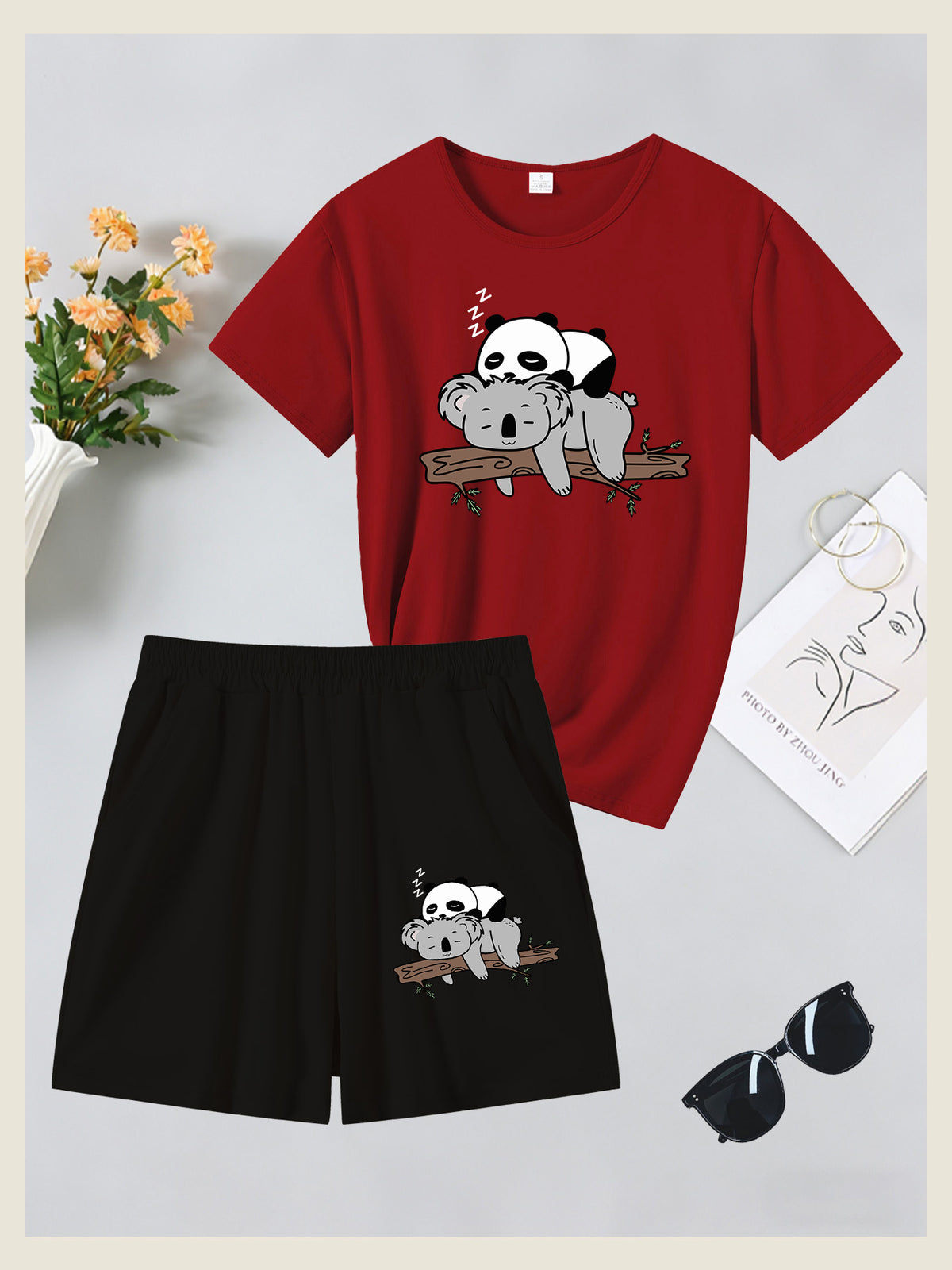 2pcs Women's Summer Short Sleeve Set—Panda Koala Cute Animal Print Short Sleeve Shorts Set, Comfortable, Soft, and Breathable for Sports and Daily Wear, Suitable for Back-to, Campus, Valentine's Day, Women's Pajamas, Jogging, Fitness, and as a Gift - Red+Black