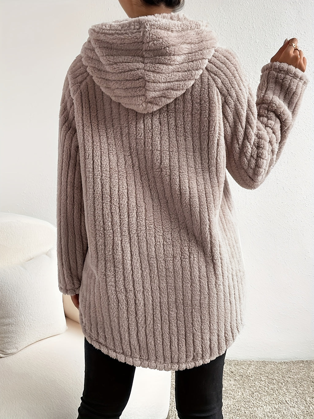 Raglan Sleeve Teddy Hoodie, Casual Curved Hem Long Sleeve Hooded Drawstring Sweatshirt For Winter & Fall, Women's Clothing - Camel