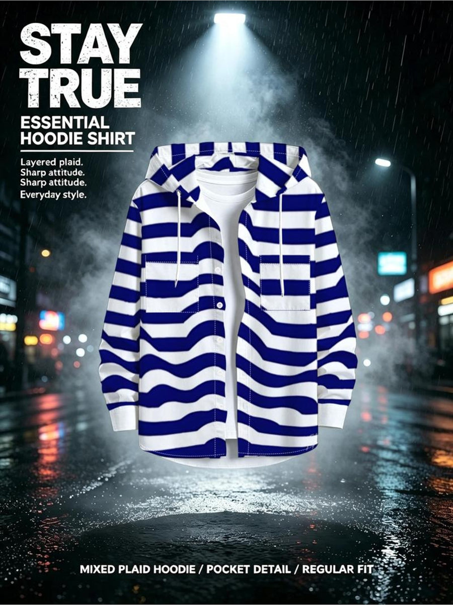 Men's Hooded Sweatshirt, Mixed Color, Multiple Specifications Available, Polyester Material, Featuring Dynamic Wavy Stripe Pattern, Loose - Fitting, Suitable for Daily Wear, Casual Sports, Spring and Autumn Outerwear, Stylish Streetwear - Mixed colors