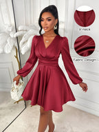 Ladies' New Fashion Court Style Puff Sleeve Dress, Elegant Wine Red Satin Waist-Cinched Short Dress, Light Luxury Socialite Style New Year Party Gown - Burgundy