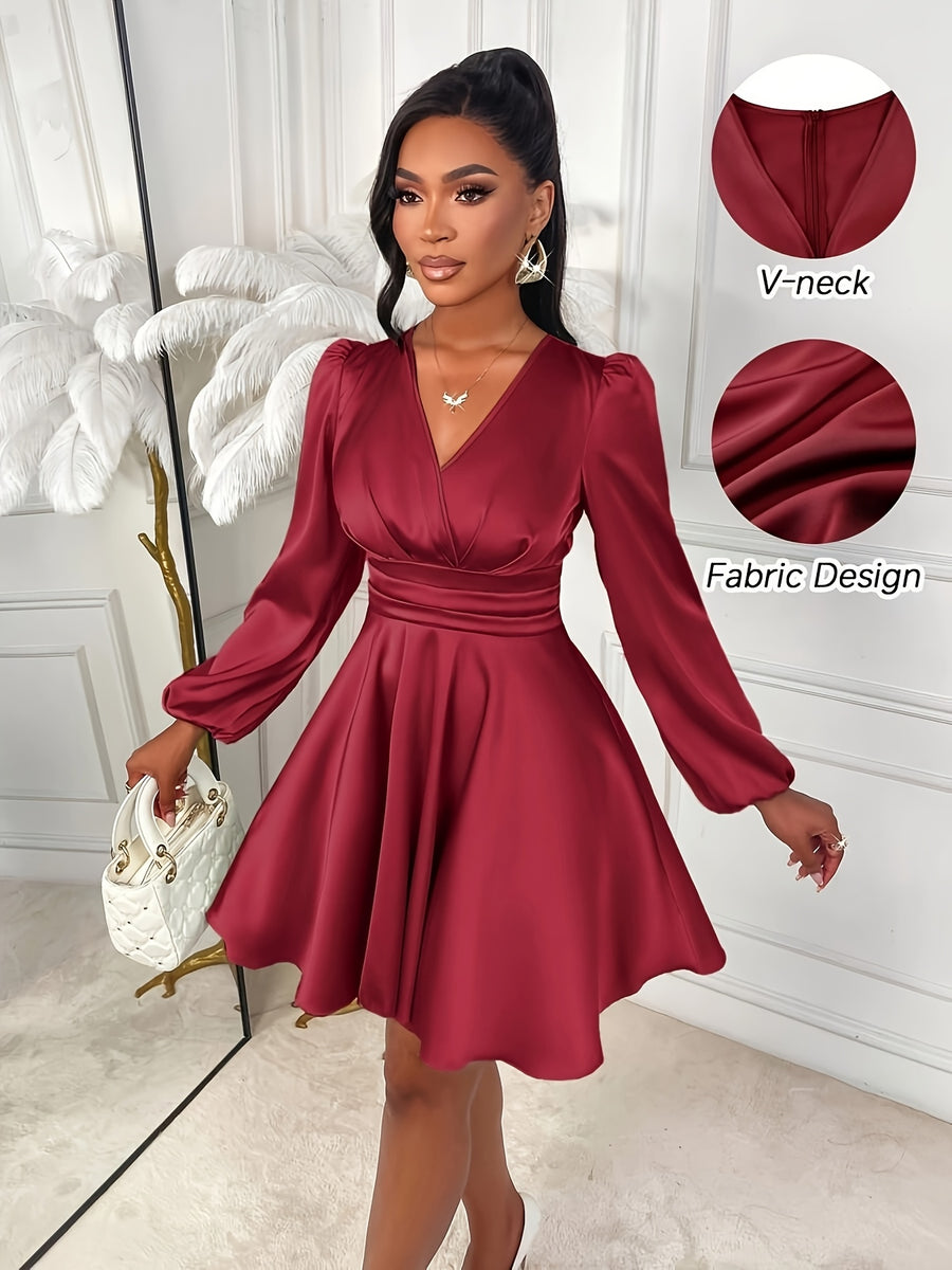 Ladies' New Fashion Court Style Puff Sleeve Dress, Elegant Wine Red Satin Waist-Cinched Short Dress, Light Luxury Socialite Style New Year Party Gown - Burgundy