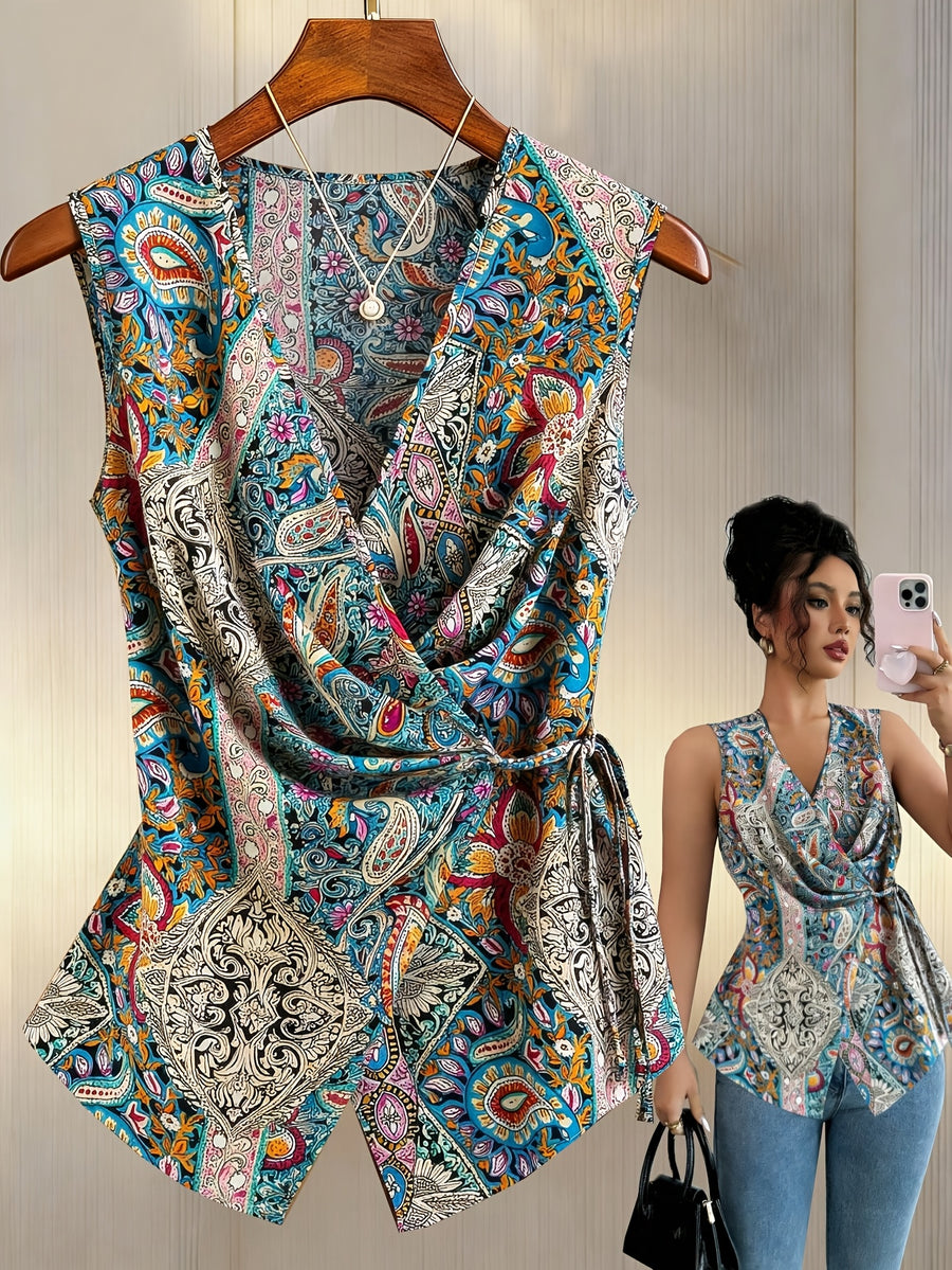 Women'S New Paisley Top, V-Neck Cross-Tie Sleeveless Slim Shirt, Fashion Casual Vest Suitable for Work, Vacation, Dating, Multi-Purpose Summer - Mixed colors