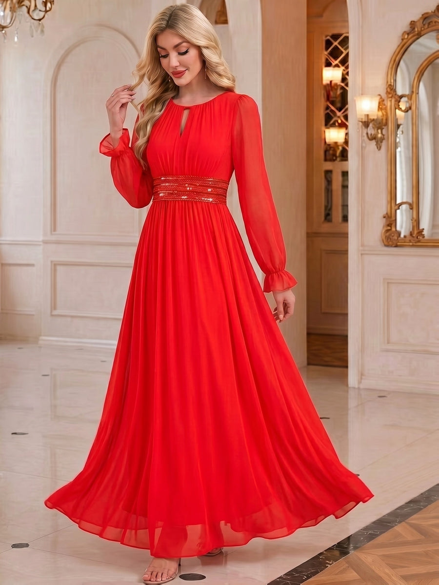 Fashionable Elegant Party Dress, Bridesmaid Dress, Sequined Ruffled Waist, Graceful And Elegant, Suitable for Weddings, Holidays, Afternoon Tea, Valentine'S Day, Wedding Parties - Red