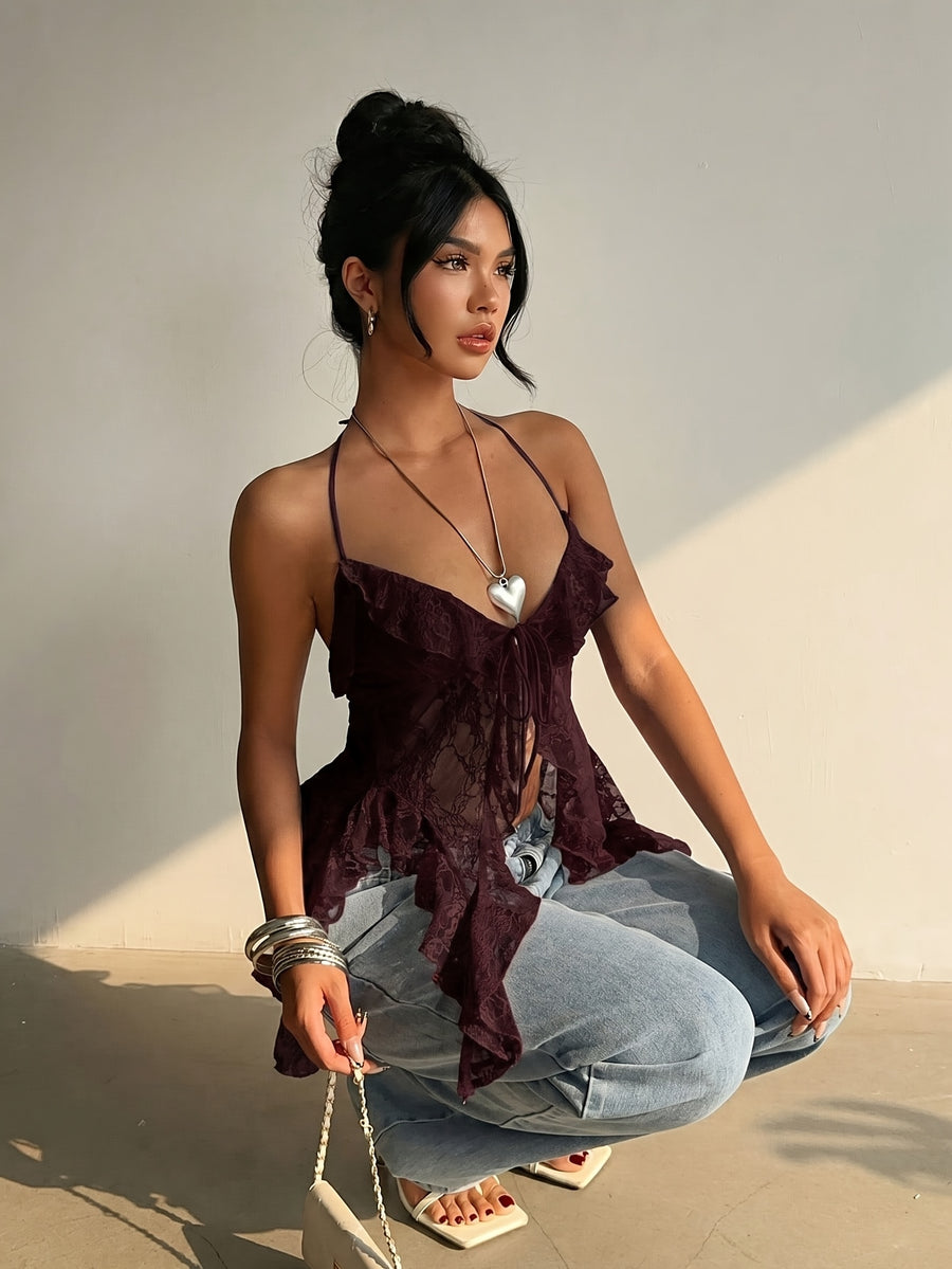 Women'S Fitted White Lace Sheer Long Ribbon Design Asymmetrical Hem Tank Top for Music Festival And Vacation, for Wedding, Dating, Party, Summer Top - Reddish Brown