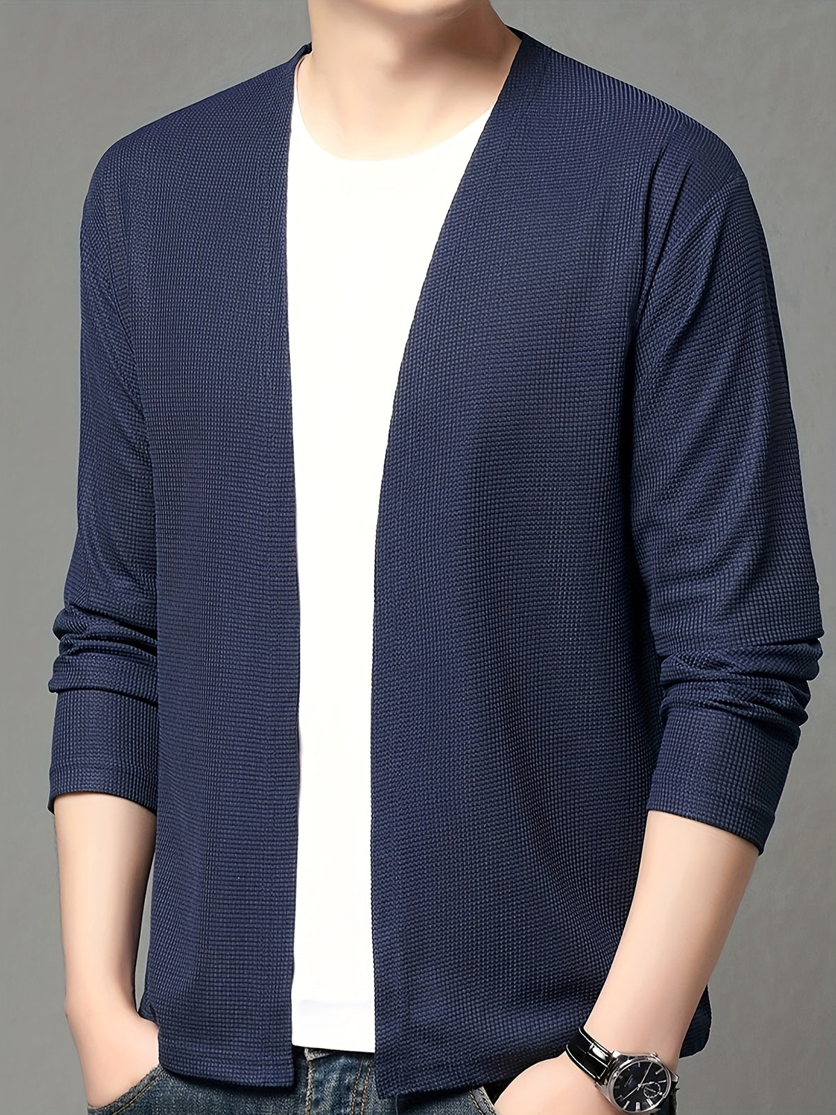 Men's Spring Casual Fashion Cardigan Jacket, for Home and Leisure, Skin-friendly and Comfortable, Versatile and Stylish - Navy Color