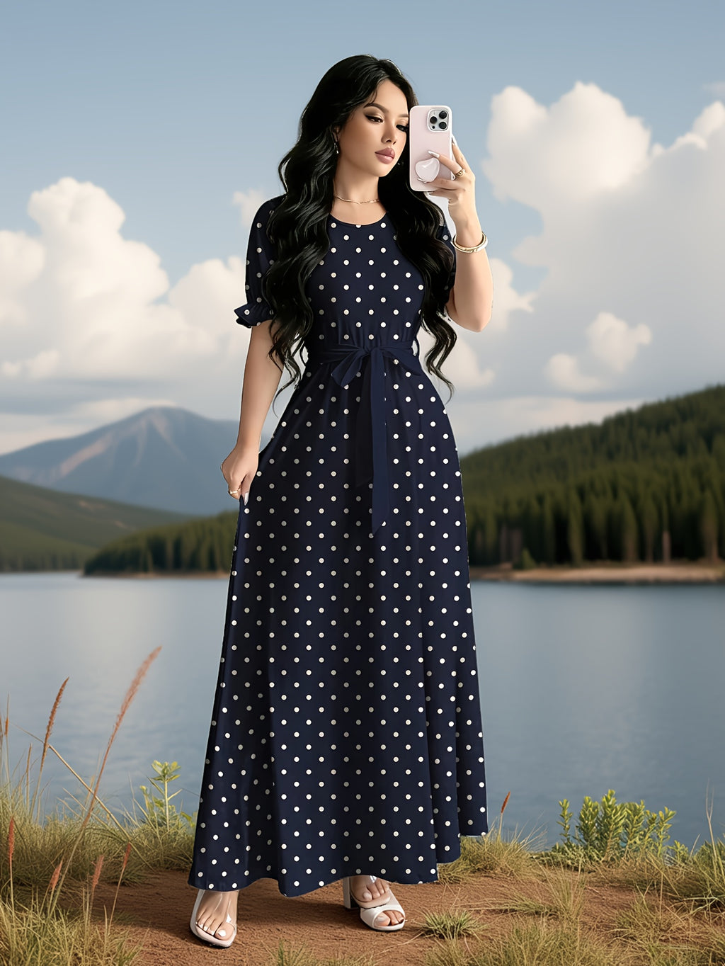 Elegant Summer Dress, Polka Dot Print Dress, Women's Fashion Round Neck Short Puff Sleeve Dress with Belted Waist, Long Dress ASD1 - Navy Color