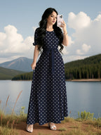 Elegant Summer Dress, Polka Dot Print Dress, Women's Fashion Round Neck Short Puff Sleeve Dress with Belted Waist, Long Dress ASD1 - Navy Color