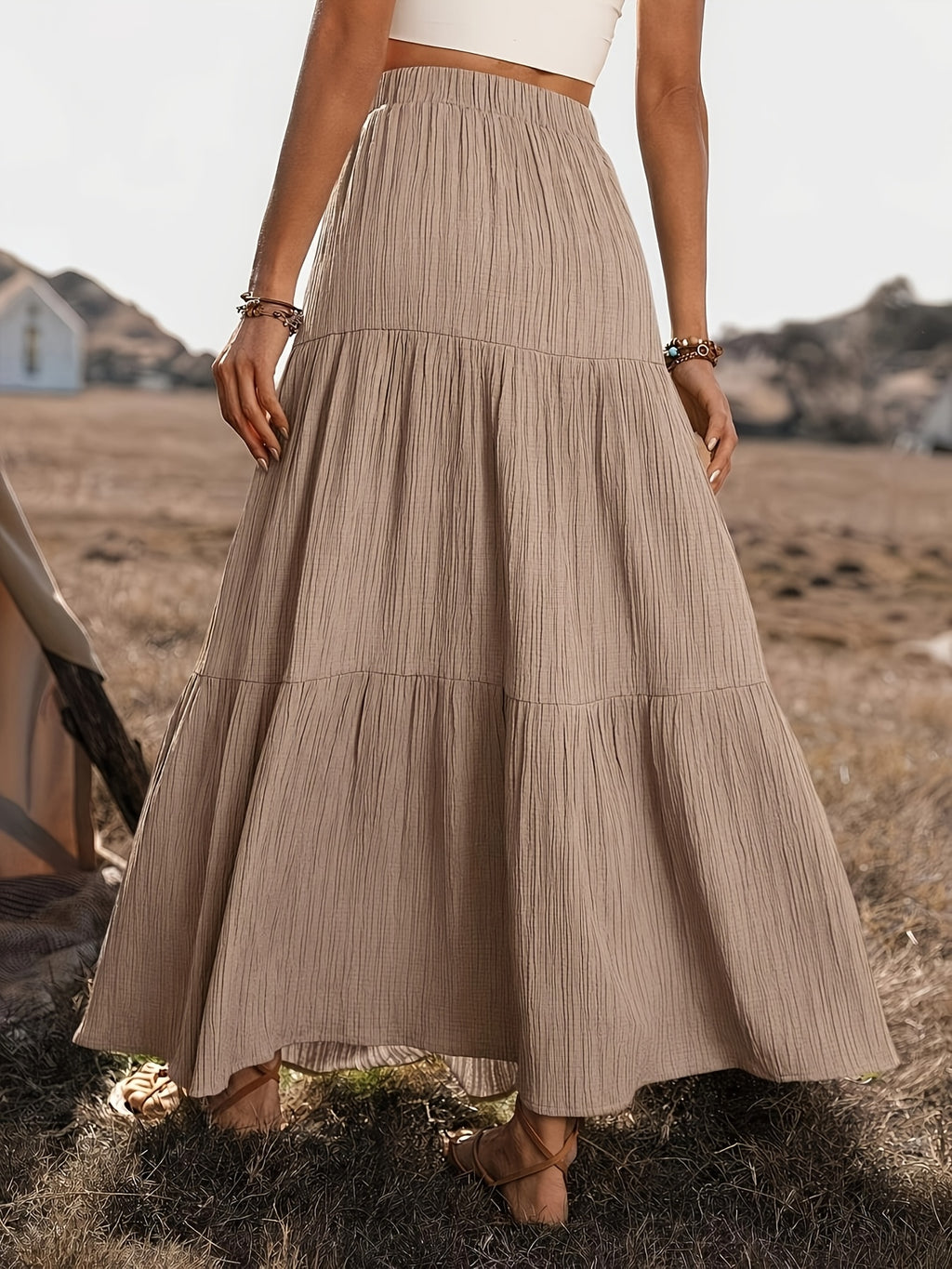 Textured Button Decor Elastic Waist Long Midi Skirt, Women'S Elegant Vacation Casual Skirt for Country Music Festival - Bean Paste Pink