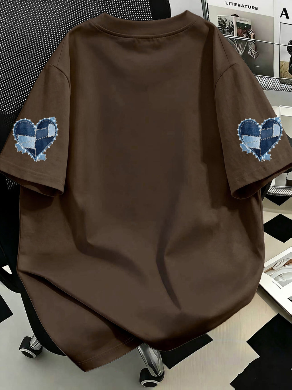 Plus Size, Plus Size Women's Casual Denim Patchwork Heart Print Crew Neck T-Shirt, Comfortable and Relaxed, Suitable for Summer Vacations, Beach, Holidays, Spring, Valentine's Day, Carnival Gifts - Dark Brown