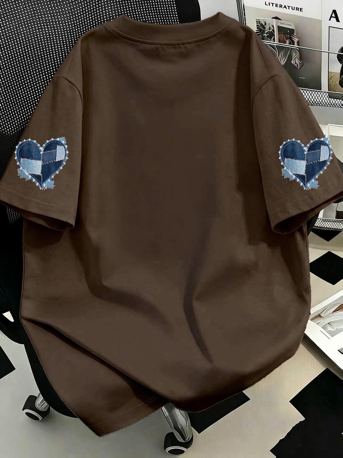 Plus Size, Plus Size Women's Casual Denim Patchwork Heart Print Crew Neck T-Shirt, Comfortable and Relaxed, Suitable for Summer Vacations, Beach, Holidays, Spring, Valentine's Day, Carnival Gifts - Dark Brown