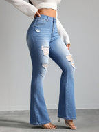 Women's Vintage Blue Washed Flared Jeans, High Stretch Slim Fit with Distressed Design and Pockets, All-Season Solid Color Flare Pants - Sky Blue