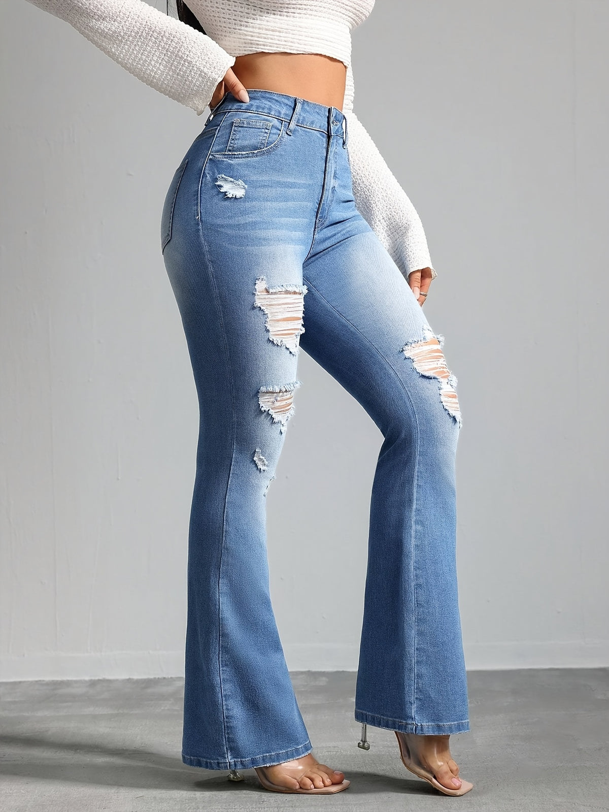 Women's Vintage Blue Washed Flared Jeans, High Stretch Slim Fit with Distressed Design and Pockets, All-Season Solid Color Flare Pants - Sky Blue