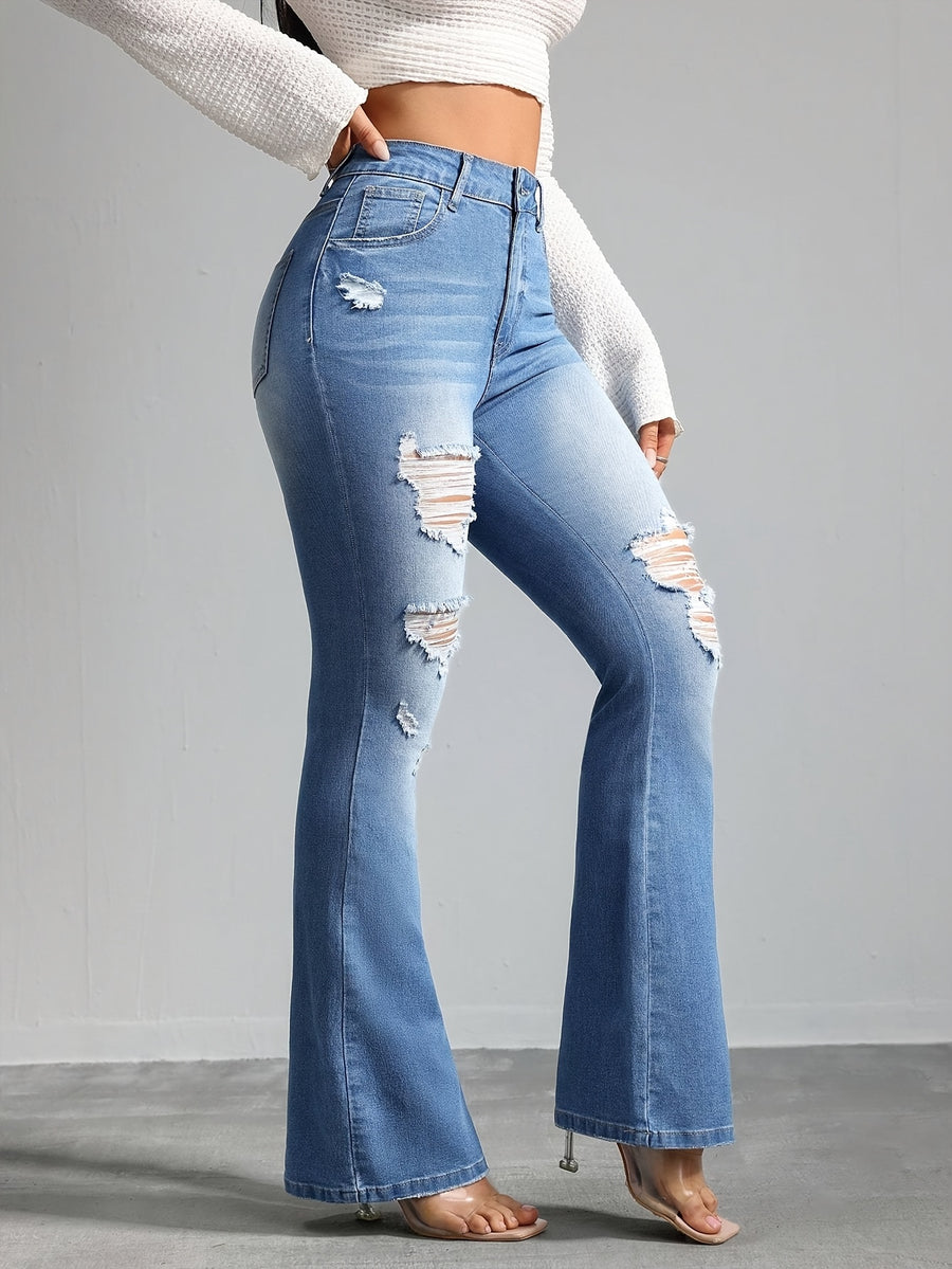 Women's Vintage Blue Washed Flared Jeans, High Stretch Slim Fit with Distressed Design and Pockets, All-Season Solid Color Flare Pants - Sky Blue