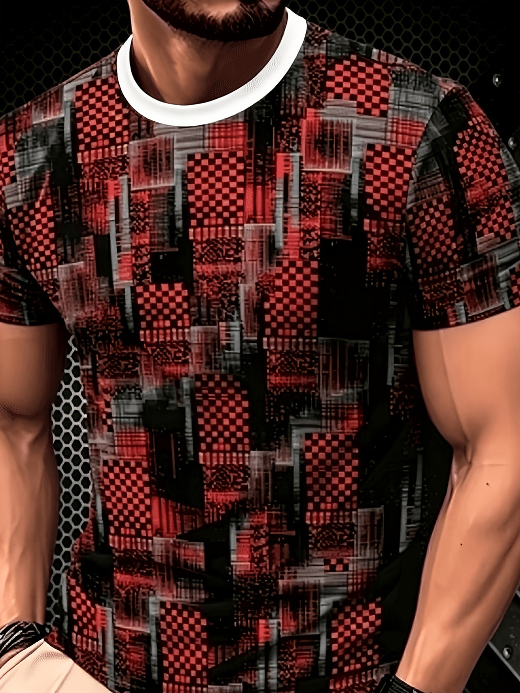 2026 Men'S All-Match Breathable Comfortable New Casual Top, Black Gray Blue Plaid Patchwork Print T-Shirt, Men'S Round Neck Short Sleeve Business Casual Top, Low-Key Premium, Plaid Patchwork, Abstract Lines, Dark Tone Texture, Daily Casual Wear - Style 6