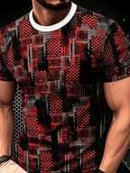 2026 Men'S All-Match Breathable Comfortable New Casual Top, Black Gray Blue Plaid Patchwork Print T-Shirt, Men'S Round Neck Short Sleeve Business Casual Top, Low-Key Premium, Plaid Patchwork, Abstract Lines, Dark Tone Texture, Daily Casual Wear - Style 6