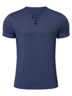 Men's Quick-Dry Moisture-Wicking Henley Shirt - Lightweight Breathable Stretch V-Neck Button-Front Collar T-Shirt Suitable for Gym, Outdoor, & Casual Wear, Solid Color Short Sleeve for Daily Activities & Summer Training (Machine Washable) - Navy Color