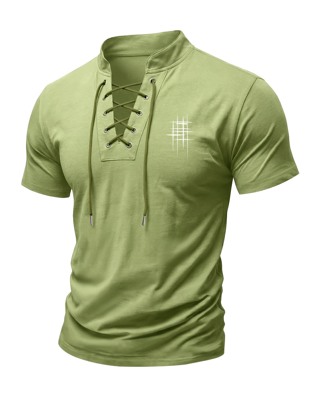 Men's Henry Neck Cross-Strap Short Sleeve T-Shirt with Mesh Line Print, Soft and Comfortable Fabric, American Trendy Design, Suitable for Dating, Commuting, and Casual Occasions, Creating a Clean, Casual, and Refreshing Look - Olive Green