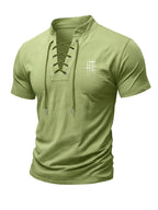 Men's Henry Neck Cross-Strap Short Sleeve T-Shirt with Mesh Line Print, Soft and Comfortable Fabric, American Trendy Design, Suitable for Dating, Commuting, and Casual Occasions, Creating a Clean, Casual, and Refreshing Look - Olive Green