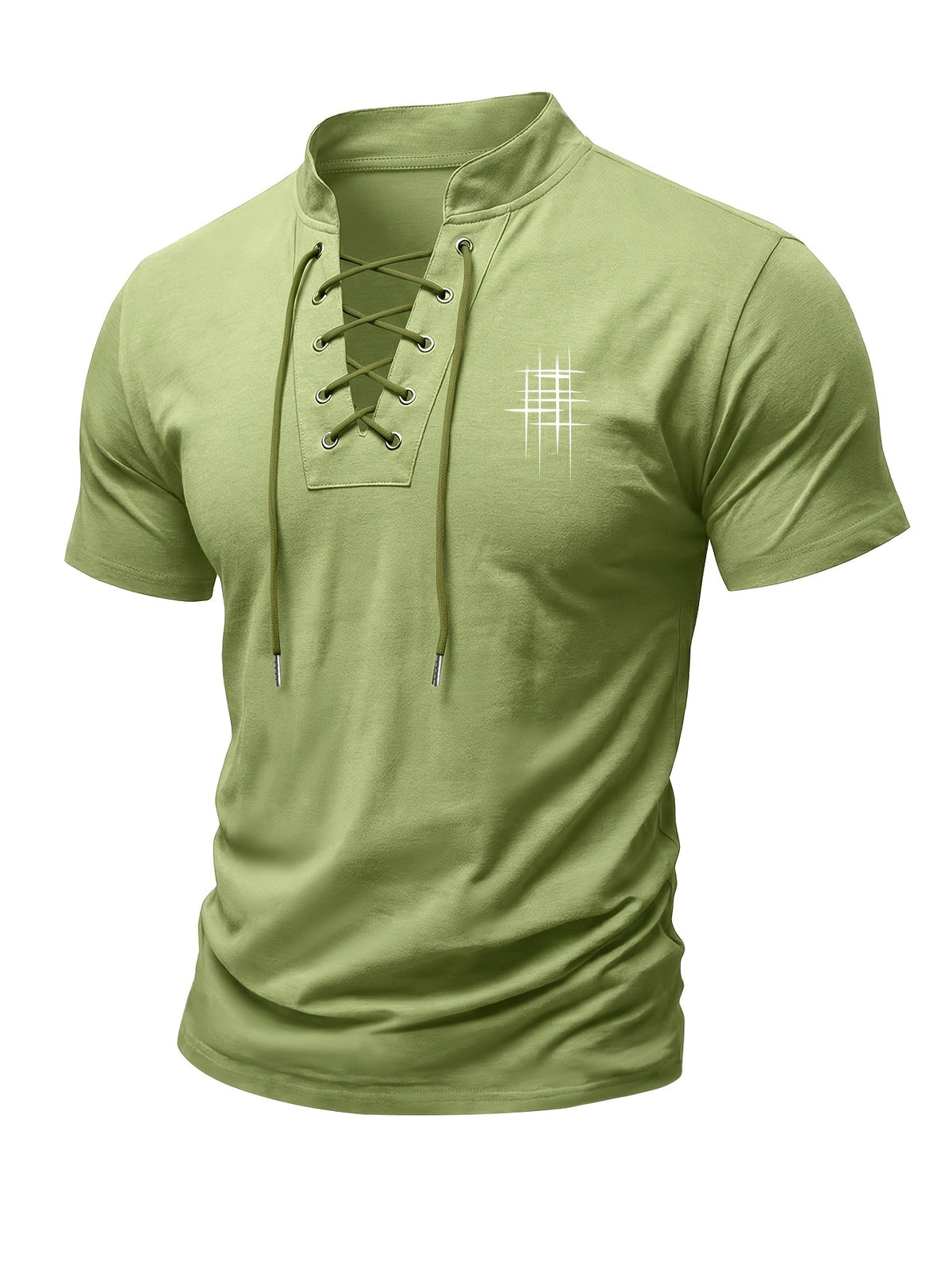 Men's Henry Neck Cross-Strap Short Sleeve T-Shirt with Mesh Line Print, Soft and Comfortable Fabric, American Trendy Design, Suitable for Dating, Commuting, and Casual Occasions, Creating a Clean, Casual, and Refreshing Look - Olive Green