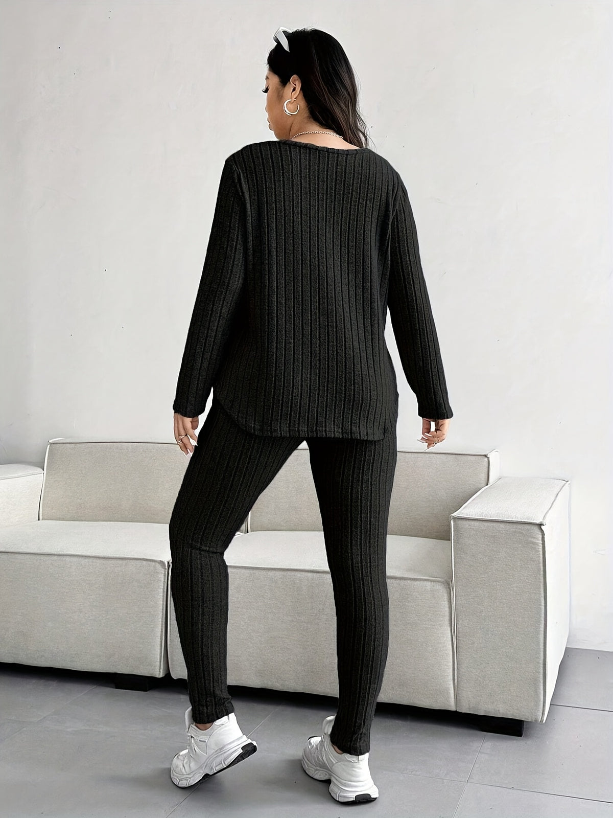 2-Piece V-Neck Top + Pants Set, Fleece Striped Outfit, Loose V-Neck Top, Waist-Tie Slimming Pants, Solid Color, Casual Sportswear Home Wear - Black