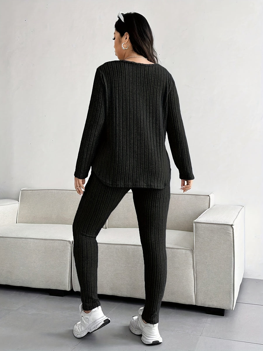 2-Piece V-Neck Top + Pants Set, Fleece Striped Outfit, Loose V-Neck Top, Waist-Tie Slimming Pants, Solid Color, Casual Sportswear Home Wear - Black