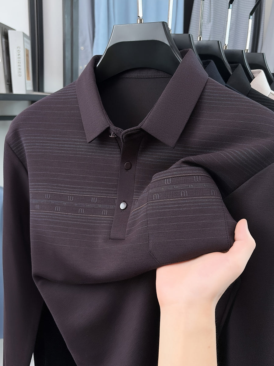 Middle-Aged Men'S Long Sleeve Polo Shirt Spring Autumn Business Casual Lapel Striped with Pocket Top - Purple