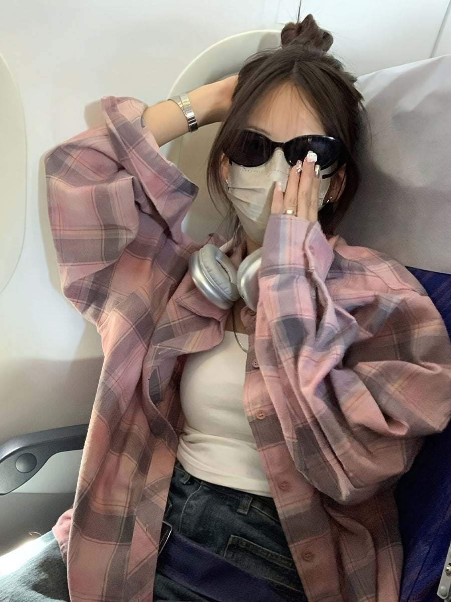 Women'S Pink and Gray Plaid Collar Loose Casual Shirt - Pink