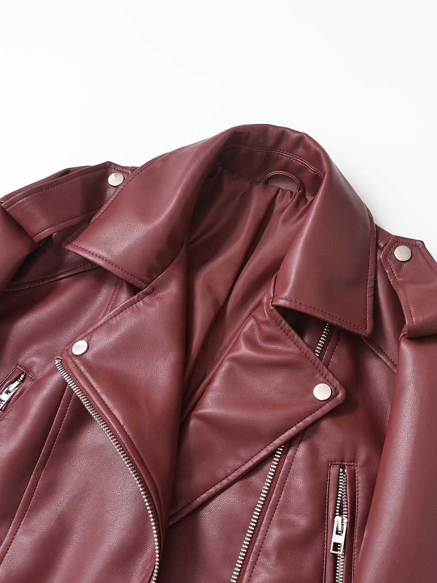 2025 Short Faux Leather Jacket Spring Autumn American Retro Temperament Biker Jacket Top Women'S Clothing - Deep Red