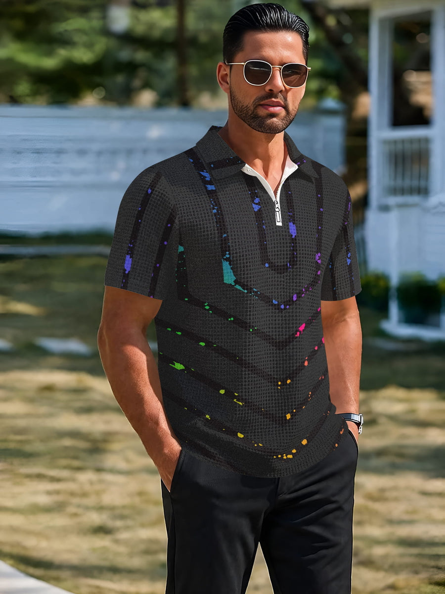 Summer Waffle Stand-Up Collar Half-Zipper Polo Shirt Men'S Easy Solid Color Short Sleeve T-Shirt Outdoor Commute Breathable Slimming Versatile Basic Top - Mixed colors