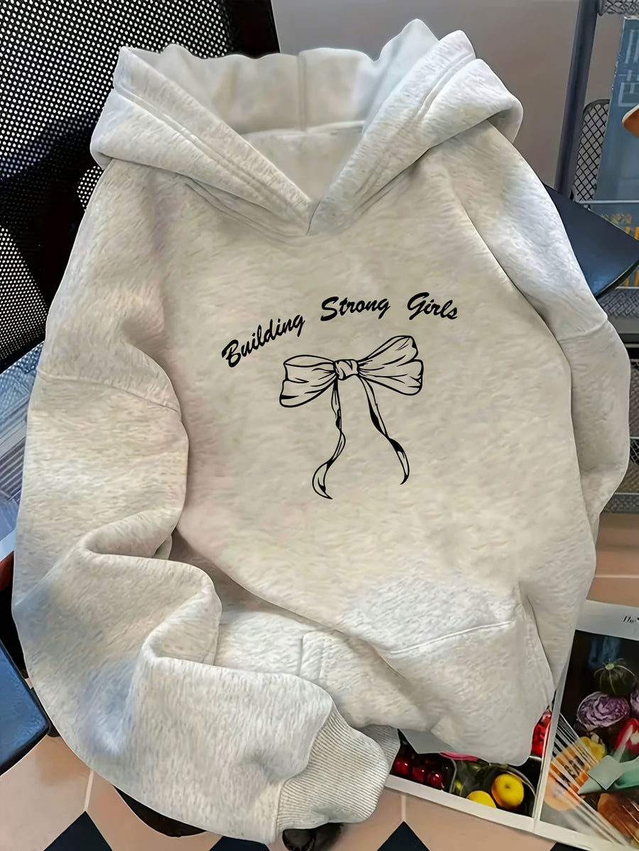 Women's Oversized Hooded Sweatshirt with Bow & Letter ' Print - Cozy Loose-Fit Sweater, Medium-Stretch Fabric, Machine Washable, Spring/Autumn Casual Wear (Year-Round) - Bow & Letter ' Design for Layering, Loose Sweater - White Flower Gray