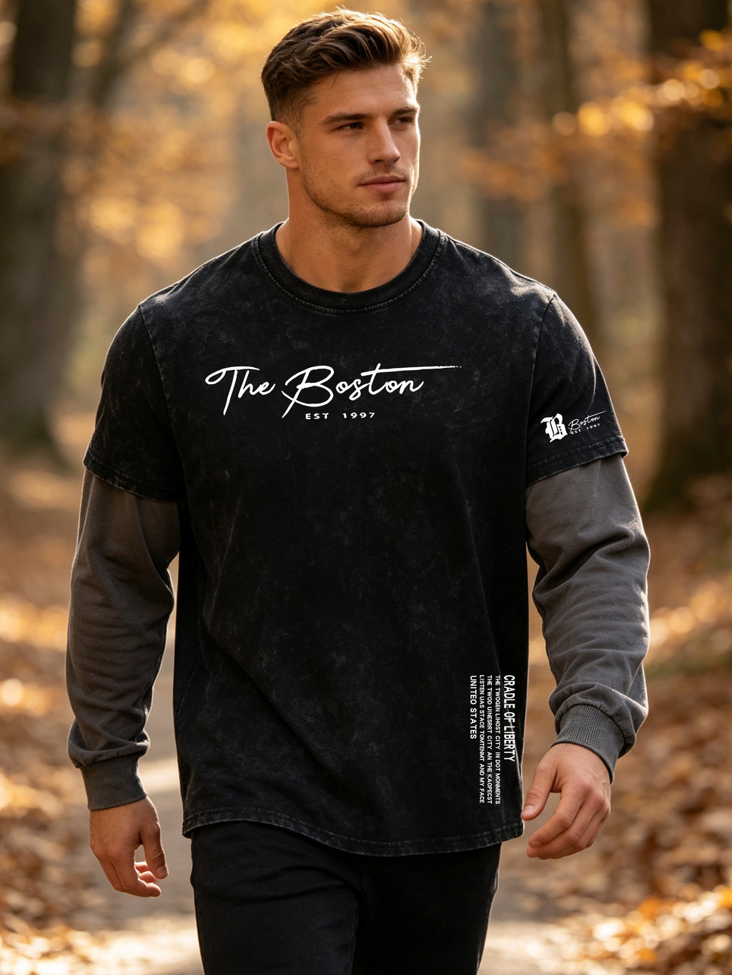 Men's 2-in-1 Look Long-Sleeve T-Shirt, Vintage Washed Minimalist Design Print with Contrast Gray Sleeves, American Street Style Loose Fit Casual Long-Sleeve T-Shirt - Black