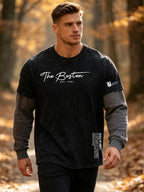 Men's 2-in-1 Look Long-Sleeve T-Shirt, Vintage Washed Minimalist Design Print with Contrast Gray Sleeves, American Street Style Loose Fit Casual Long-Sleeve T-Shirt - Black