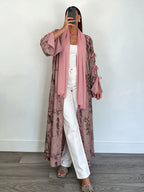 1 Set Women's Tie-Dye Print Open Front Long Kimono Cardigan, Flare Sleeve with Side Bow Detail Maxi Cover-Up, Modest Dubai Abaya Outerwear for Daily and Vacation Wear, Ink Wash Tie-Dye Print Long Open Abaya Kimono, Bell Sleeve with Side Self-Tie Bow - Pink