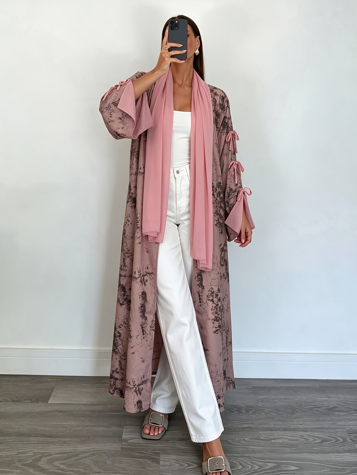 1 Set Women's Tie-Dye Print Open Front Long Kimono Cardigan, Flare Sleeve with Side Bow Detail Maxi Cover-Up, Modest Dubai Abaya Outerwear for Daily and Vacation Wear, Ink Wash Tie-Dye Print Long Open Abaya Kimono, Bell Sleeve with Side Self-Tie Bow - Pink