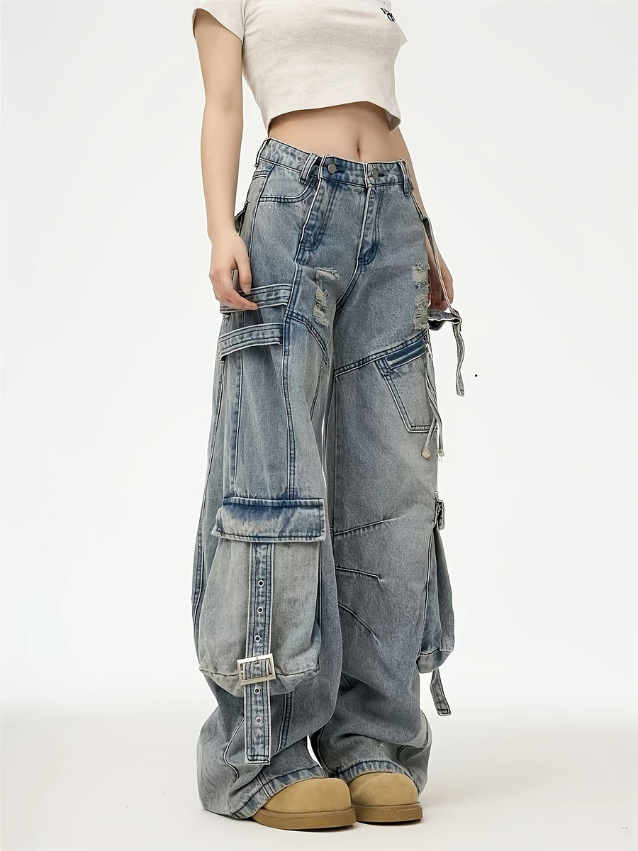 Spring Summer New American High Street Deconstructed Cargo Style Wide Leg Jeans, High Waist Double Button Design And Ultra Loose Wide Leg Scimitar Pants Style, Deconstructed Patchwork Cut Style, Multi-Pocket Cargo Women'S Jeans Long Trousers - Sea Blue