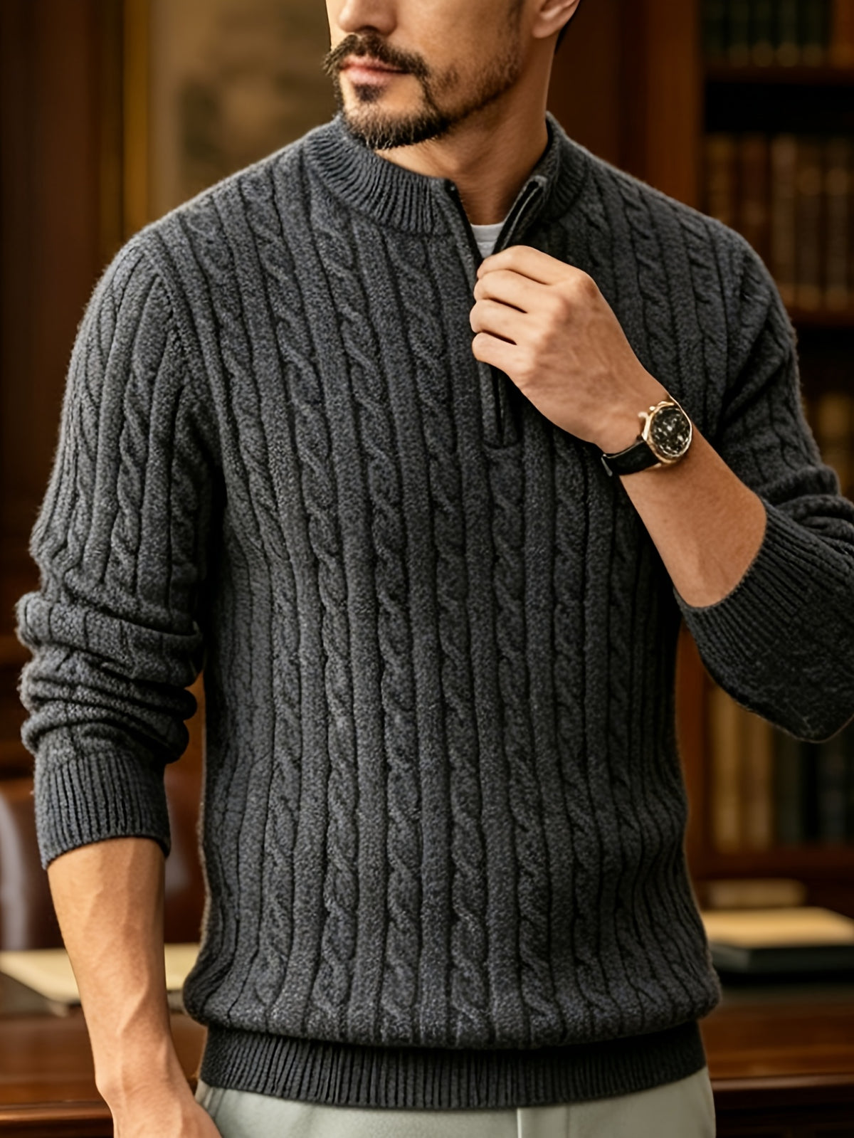 New Spring/Autumn Men's Half-Zip Stand Collar Cable Knit Long-Sleeve Sweater. The Stand Collar and Half-zip Design with Three-dimensional Cable Knitting Make It Suitable for Daily Commutes, Light Business Meetings, and Casual Gatherings - Dark Grey