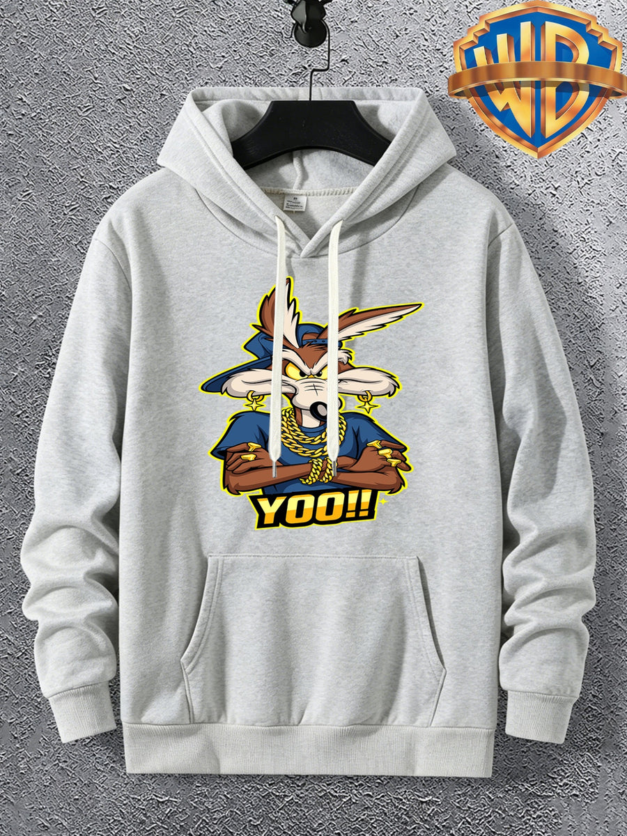 Warner Licensed Men'S Autumn Hooded Sweatshirt, Reinforced Ribbed Cuffs, Breathable Polyester Fabric, Hip-Hop Street Style Distorted Heart Wolf Pattern, Suitable for Retro Hip-Hop Outfits, Urban Trendy Men, Practical Kangaroo Pouch - 【Light Grey】