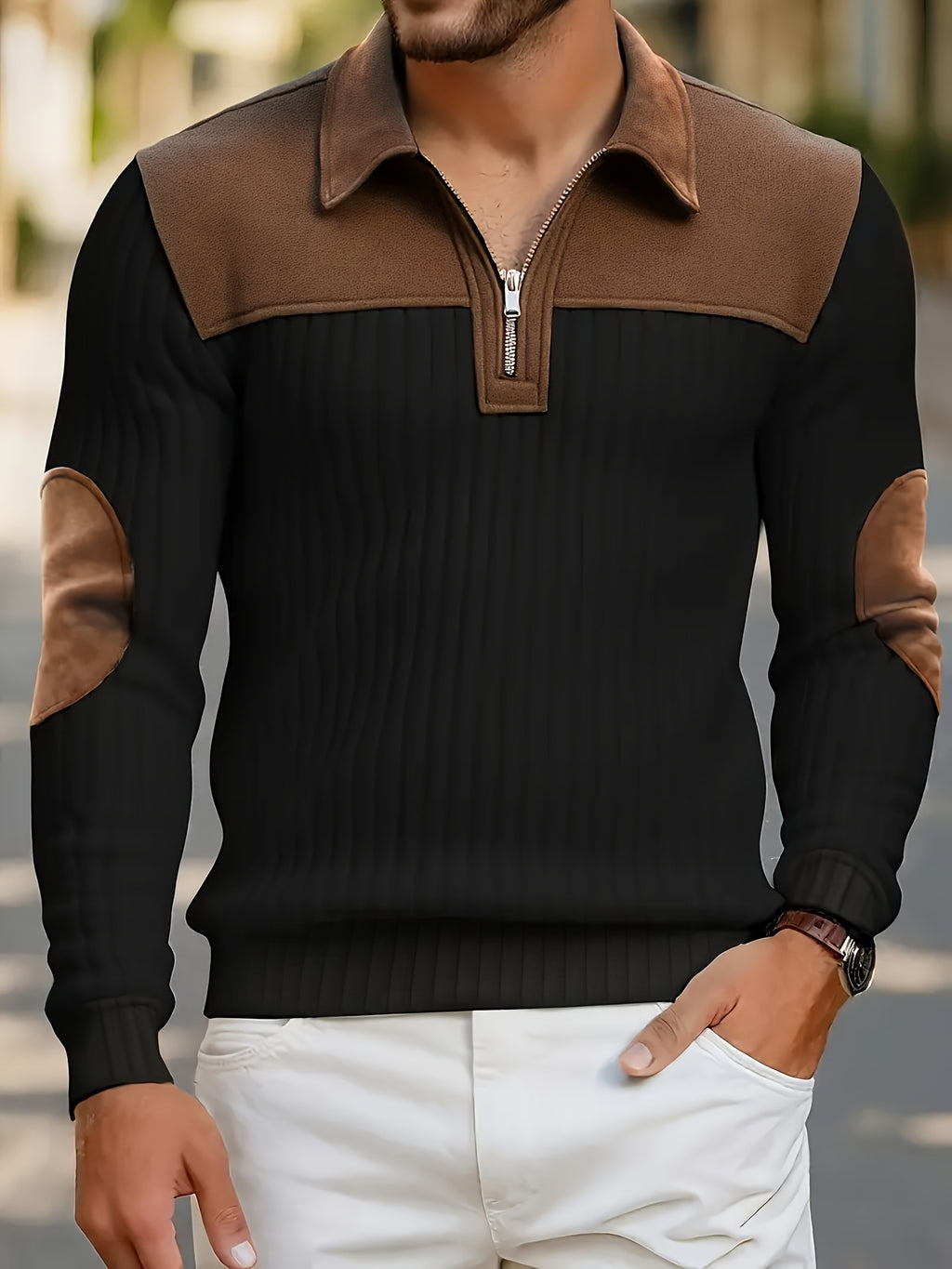 New Christmas Men's Autumn/Winter Brushed Ribbed Cable Knit Sweater, Casual Color-Block Long Sleeve Patchwork Plush Sport Henley Zip-Up Top - Black