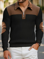 New Christmas Men's Autumn/Winter Brushed Ribbed Cable Knit Sweater, Casual Color-Block Long Sleeve Patchwork Plush Sport Henley Zip-Up Top - Black
