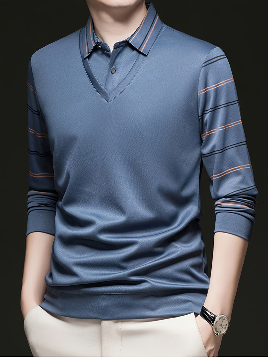 Men's Striped Lapel 2-in-1 Look Long-Sleeve Top, Spring/Autumn Style, Wearable as a Standalone or Layering Piece, Simple Business Casual Style - Blue