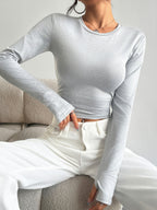 6pcs Women Solid Plain Crew Neck Long Sleeve T-Shirts, Trendy High Elastic Basic Undershirts, Versatile Daily Wear Tops - Black + Brown + White + Light Green + Light Pink + Light Gray
