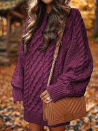 Women's Sweater Dress, Women's Long Sleeve Crew Neck Textured Knitted Dresss - Burgundy