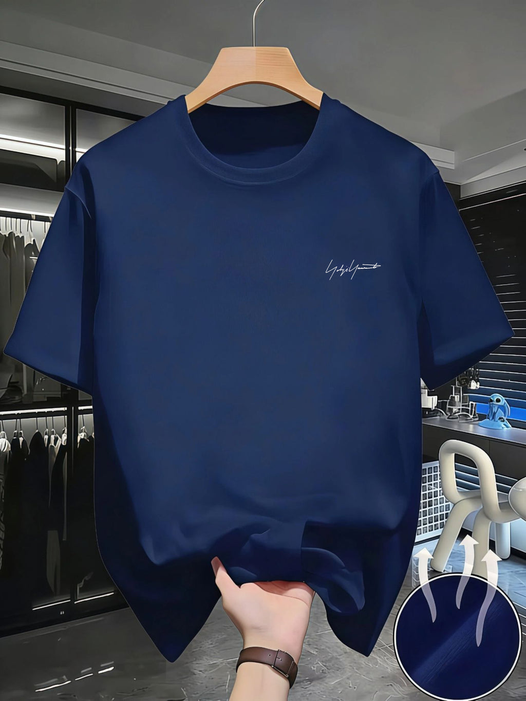 Casual Minimalist Style, Men's T-Shirt, Small Embroidered Letter Design, Summer Daily Wear, Gift for Boyfriend Or Husband - Navy Color