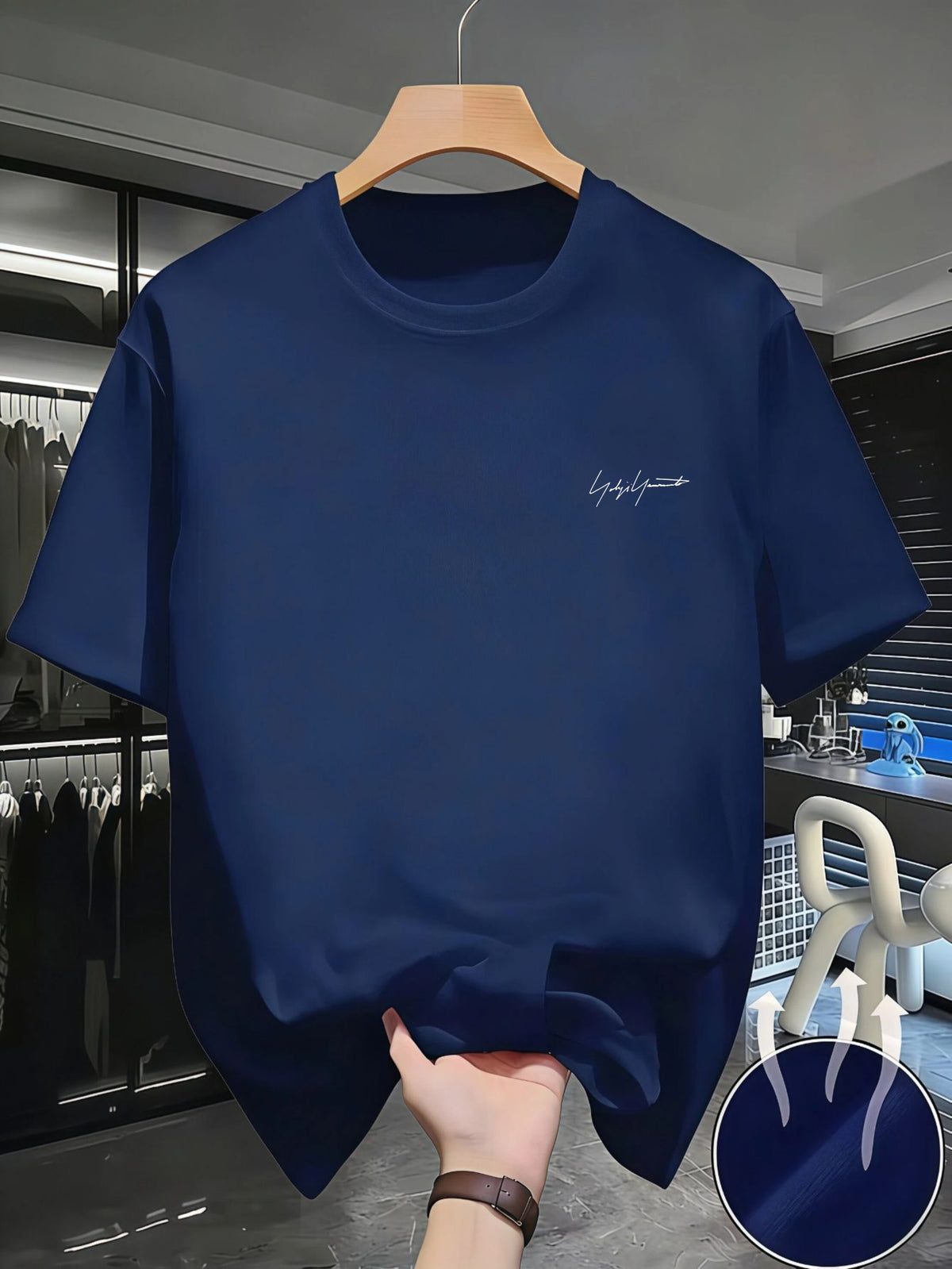 Casual Minimalist Style, Men's T-Shirt, Small Embroidered Letter Design, Summer Daily Wear, Gift for Boyfriend Or Husband - Navy Color
