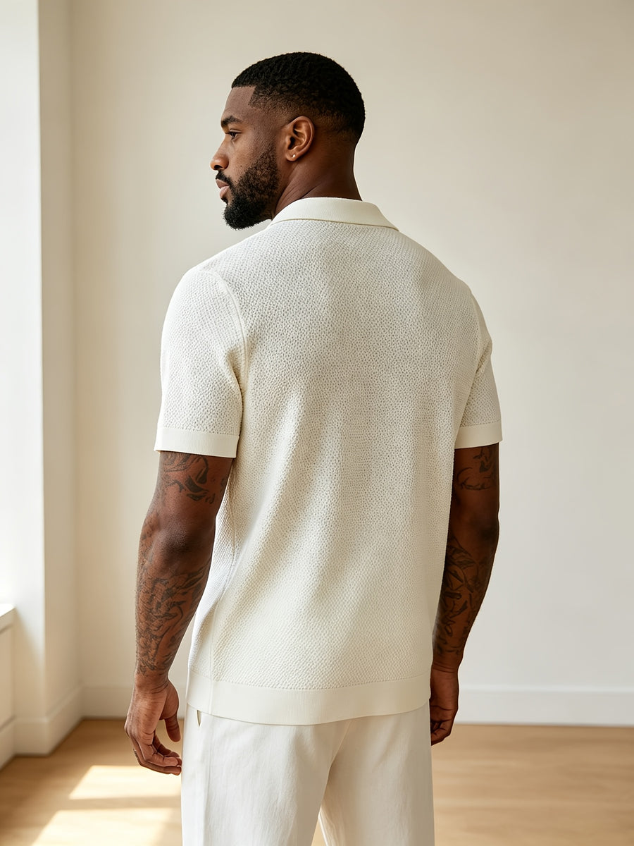 Men'S Premium Textured Knit Polo Shirt, Lapel Half-Button Design, 3D Texture Breathable And Skin-Friendly, Summer Non-Stuffy, Urban Minimalist Style for Multi-Scenarios, Body-Enhancing And Athletic Look, Light Luxury Item for Upgrading Wardrobe - White