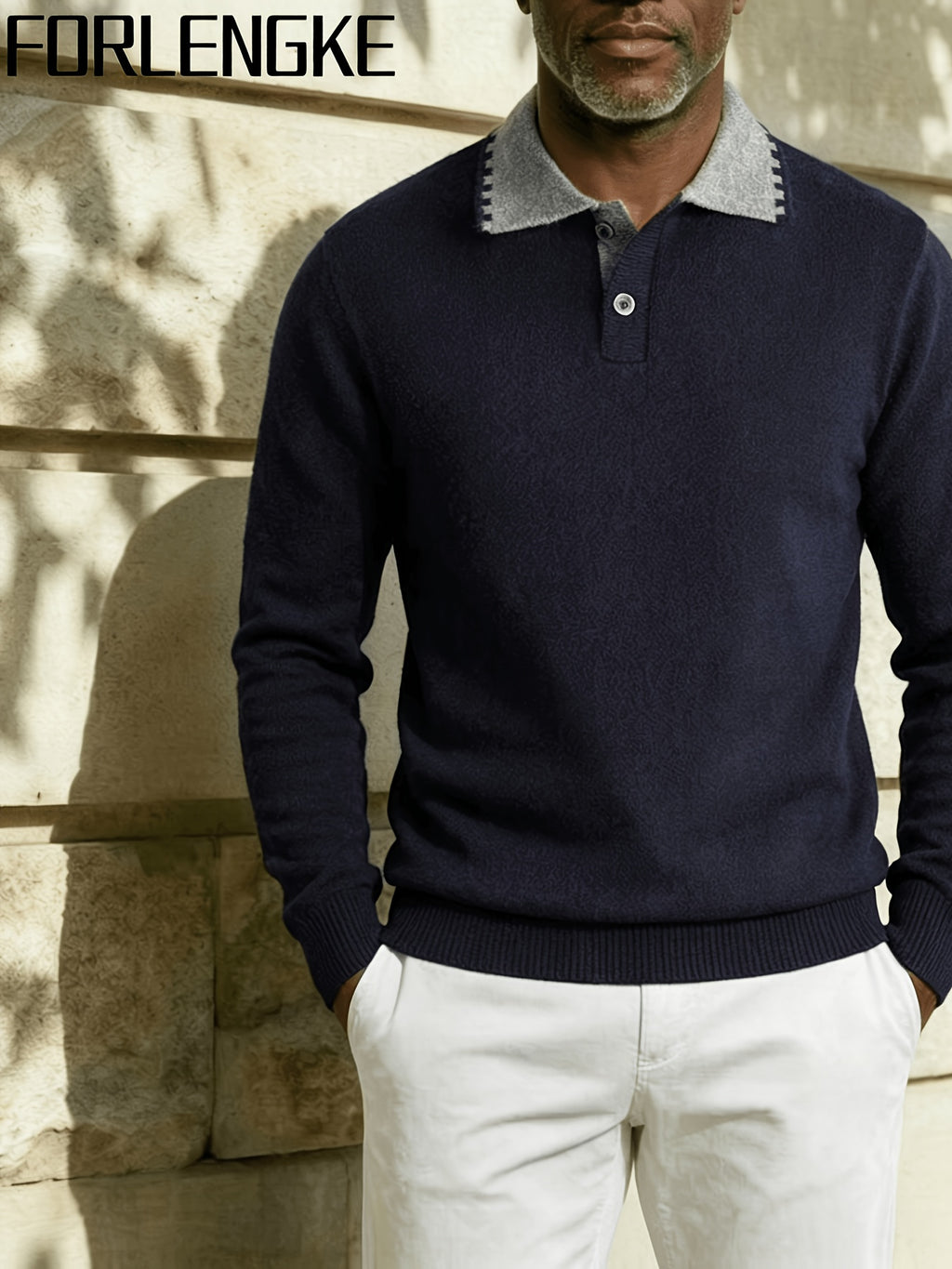 FORLENGKE Fall/Winter Men's Color-Block Collar Polo Knit Sweater with Textured Fabric, Turn- Collar Pullover Top, Casual and Versatile Knitwear for Men, Suitable for Work, Parties, and Various Occasions, Can Be Worn Inside or Out, Basic Top - Shangqing